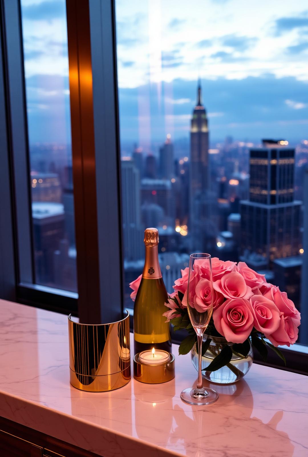 Devour'e luxury lifestyle — champagne, roses and skyline views from the penthouse